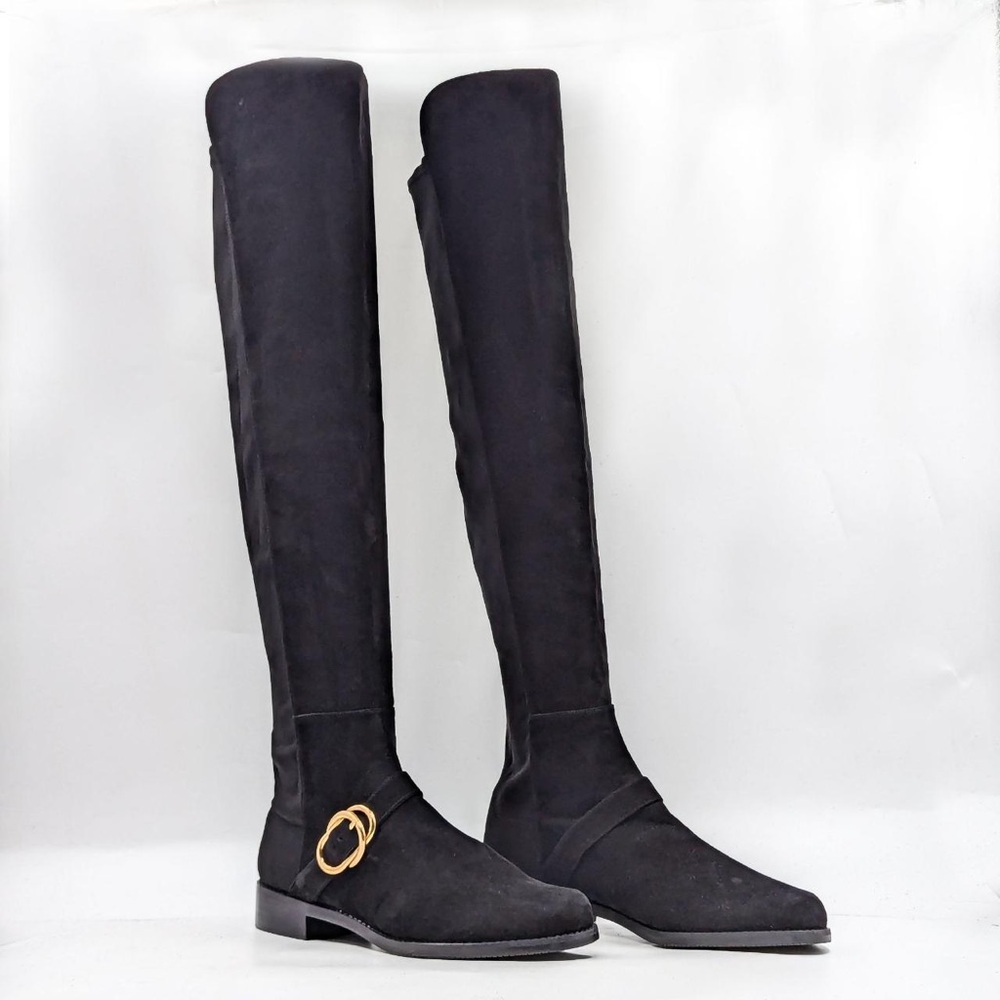 Stuart Weitzman Black Over-the-Knee Suede Boots with Gold Accent - Picture 3 of 16